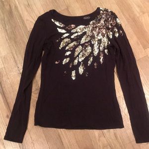Rayon Lycra brown stretch sequin shoulder t shirt